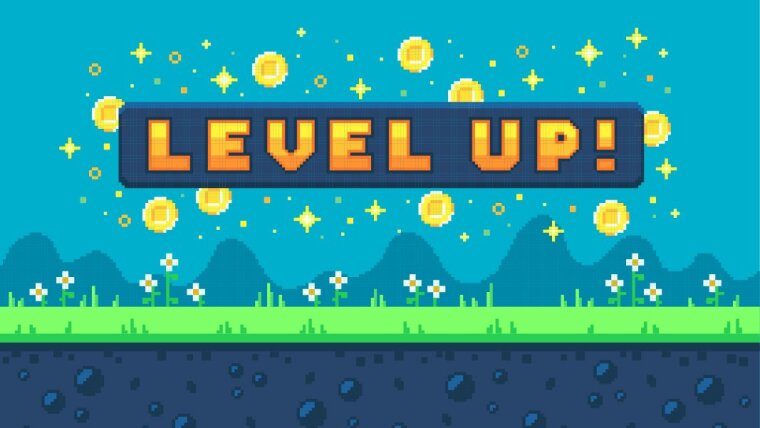 Der Slogan "Level up!" in Computerspiel-Pixelgrafik.