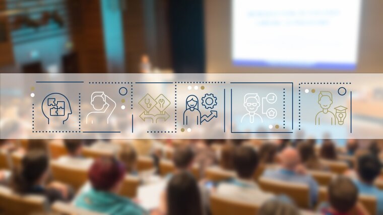 Students in the lecture hall, in the middle a banderole with icons representing different students