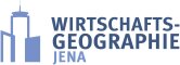 Schriftzug Wirtschaftsgeographie Jena, links daneben Jentower und zwei weitere Gebäude als Grafik